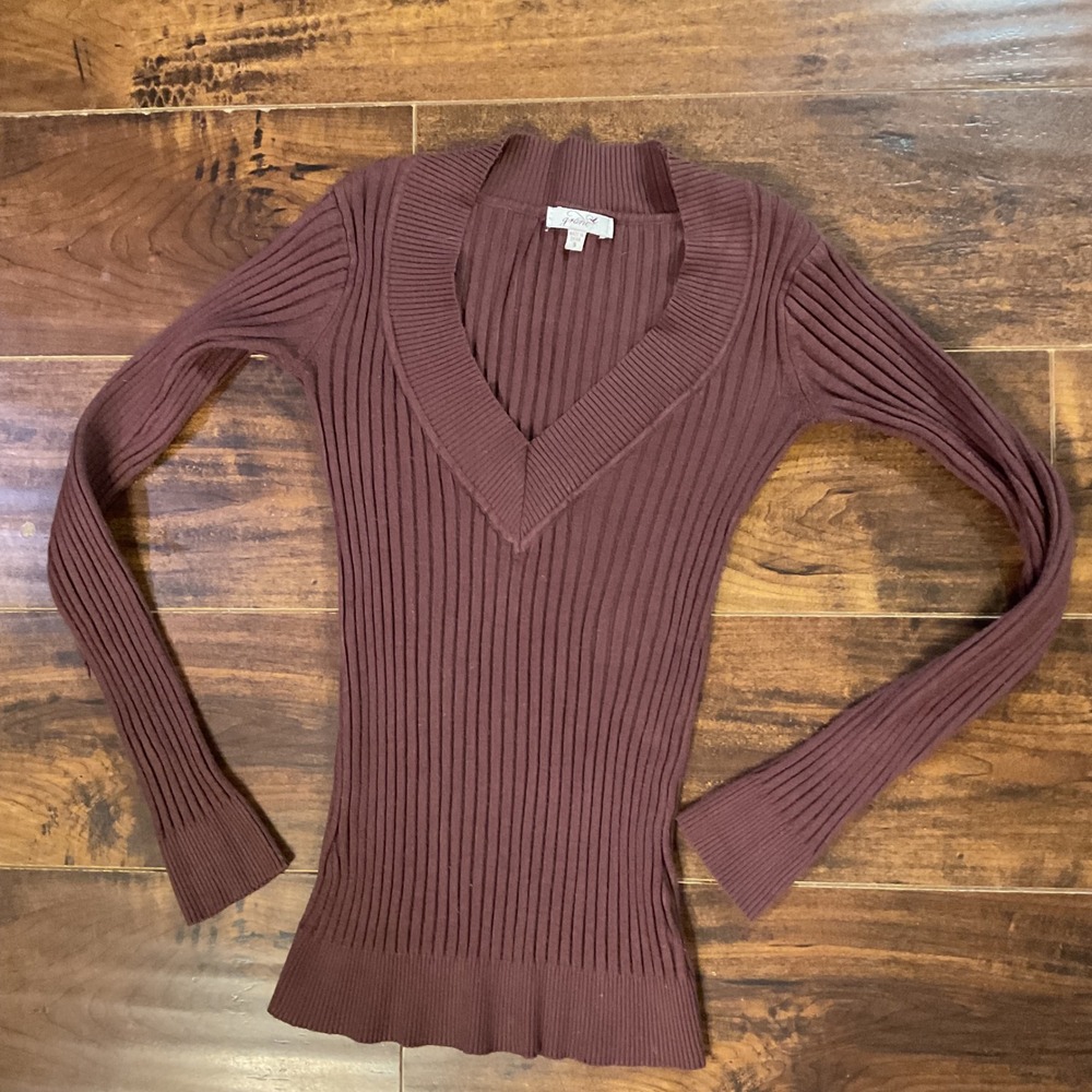 Grane Brown Ribbed V-Neck Long Sleeve Sweater Y2K Small